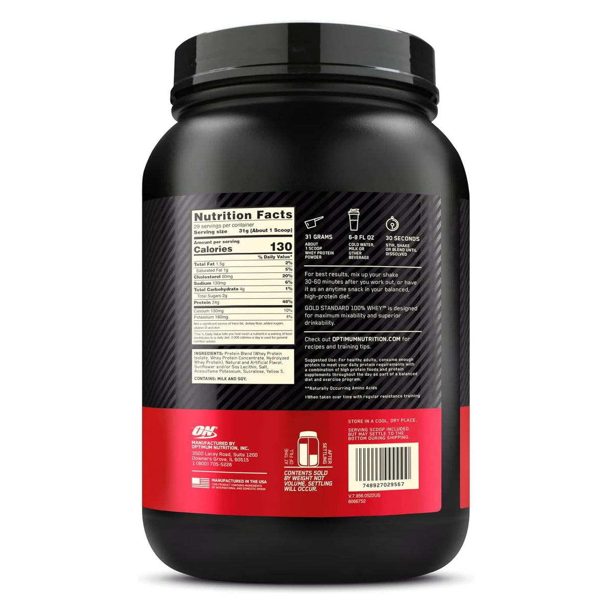 Optimum Nutrition Gold Standard Whey Protein Powder, Vanilla Ice Cream, 2LB