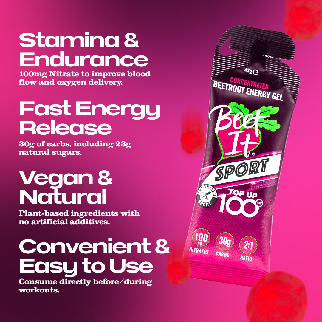 BEET IT Sport Natural Beetroot Running Gels (12 Packs of 43g) - Concentrated Energy Gel for Runners with 100mg Nitrates & 30g Carbs - Long Lasting Energy Gel Packs