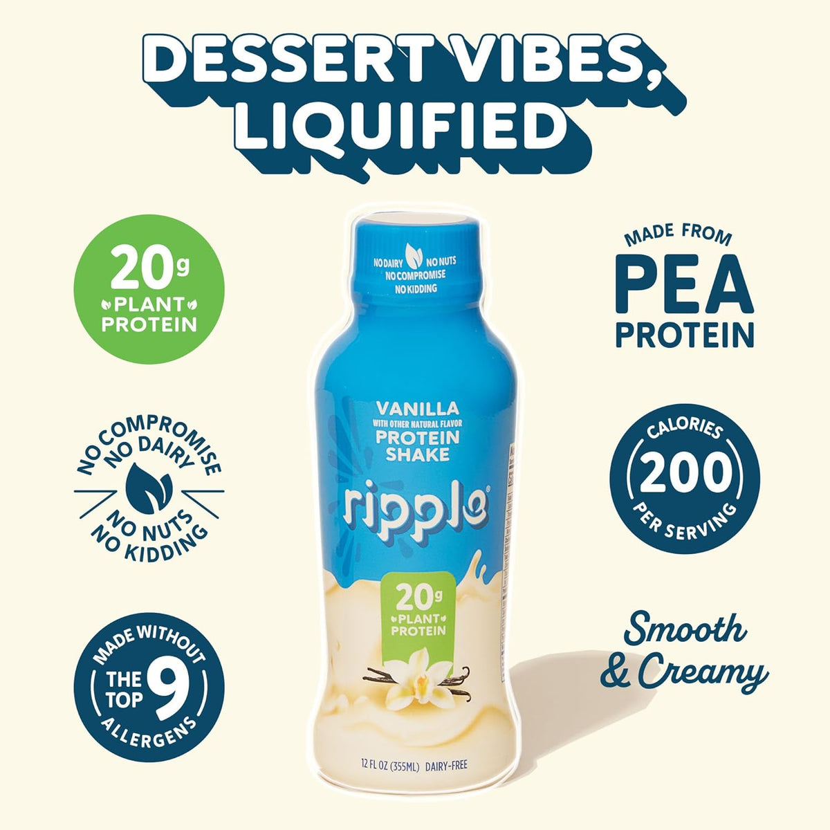 Ripple Vanilla Plant Based Protein Shake | 20g of Quality Sourced Pea Protein, Calcium & Iron Rich | Shelf Stable | Vegan & Non GMO | Dairy, Soy, Nut, & Gluten Free | 12 Fl Oz Bottles (Pack of 12)