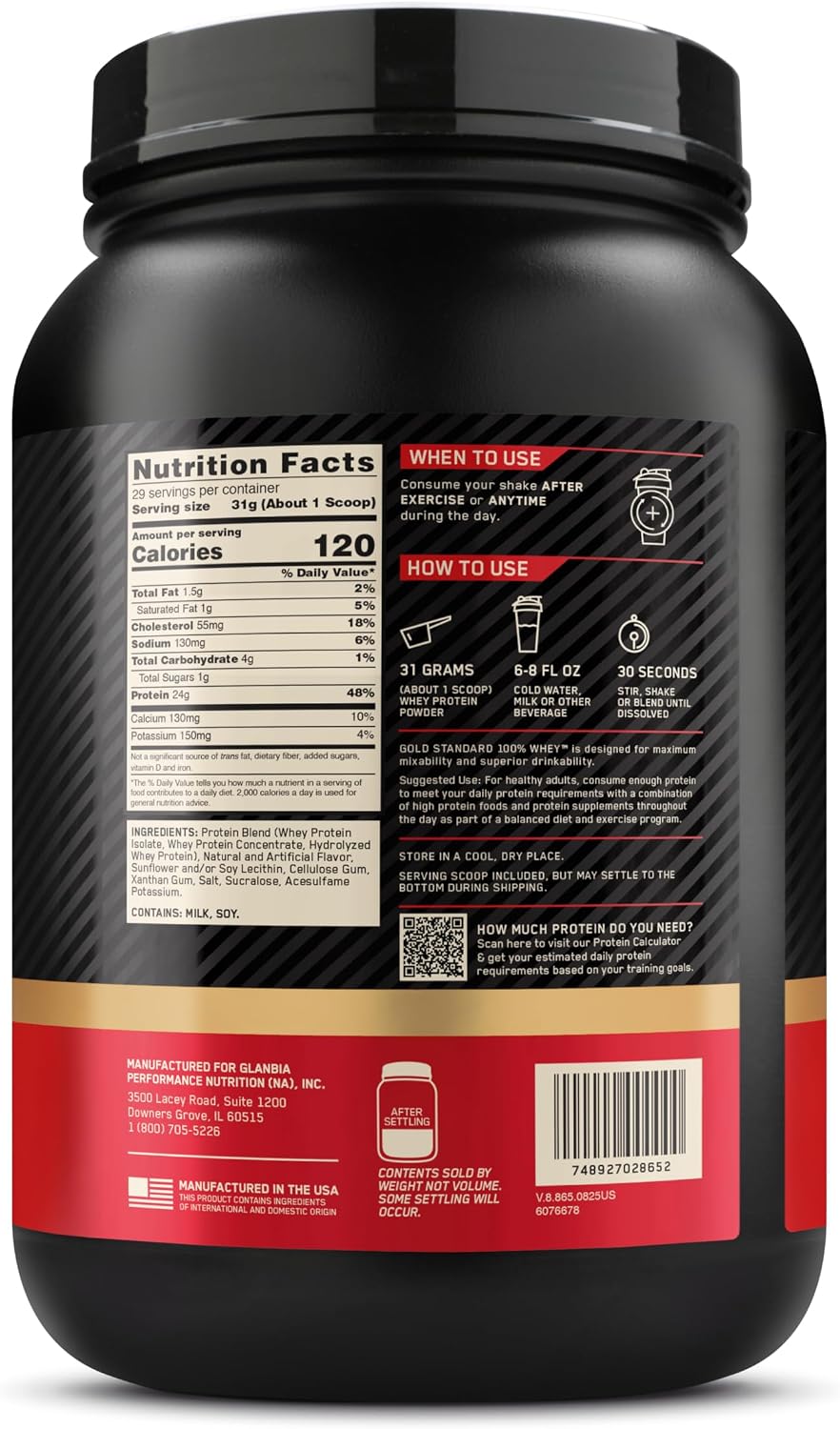 Optimum Nutrition Gold Standard Whey Protein Powder, Vanilla Ice Cream, 2LB
