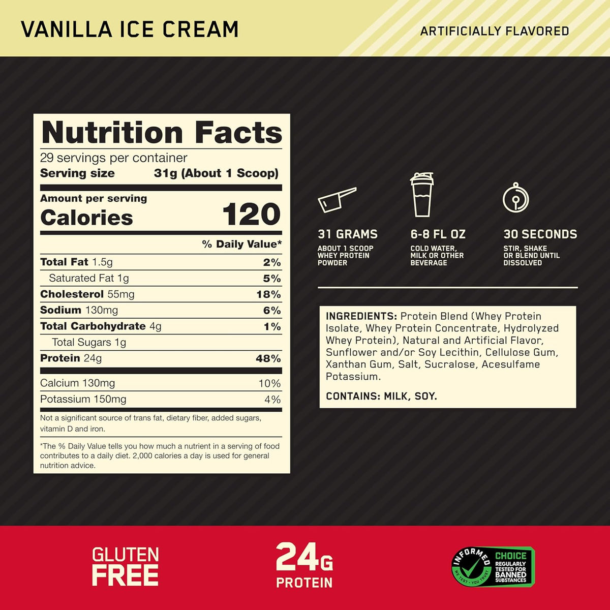 Optimum Nutrition Gold Standard Whey Protein Powder, Vanilla Ice Cream, 2LB