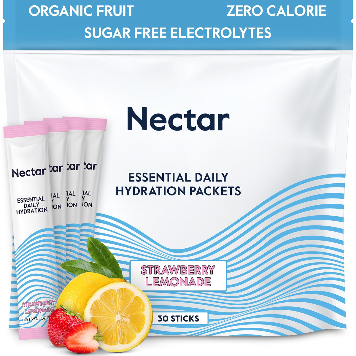 Nectar Hydration Packets - Electrolytes Powder Packets - No Sugar or Calories - Organic Fruit Liquid Daily IV Electrolytes Powder for Dehydration Relief and Rapid Rehydration (Lemon 30 Pack)
